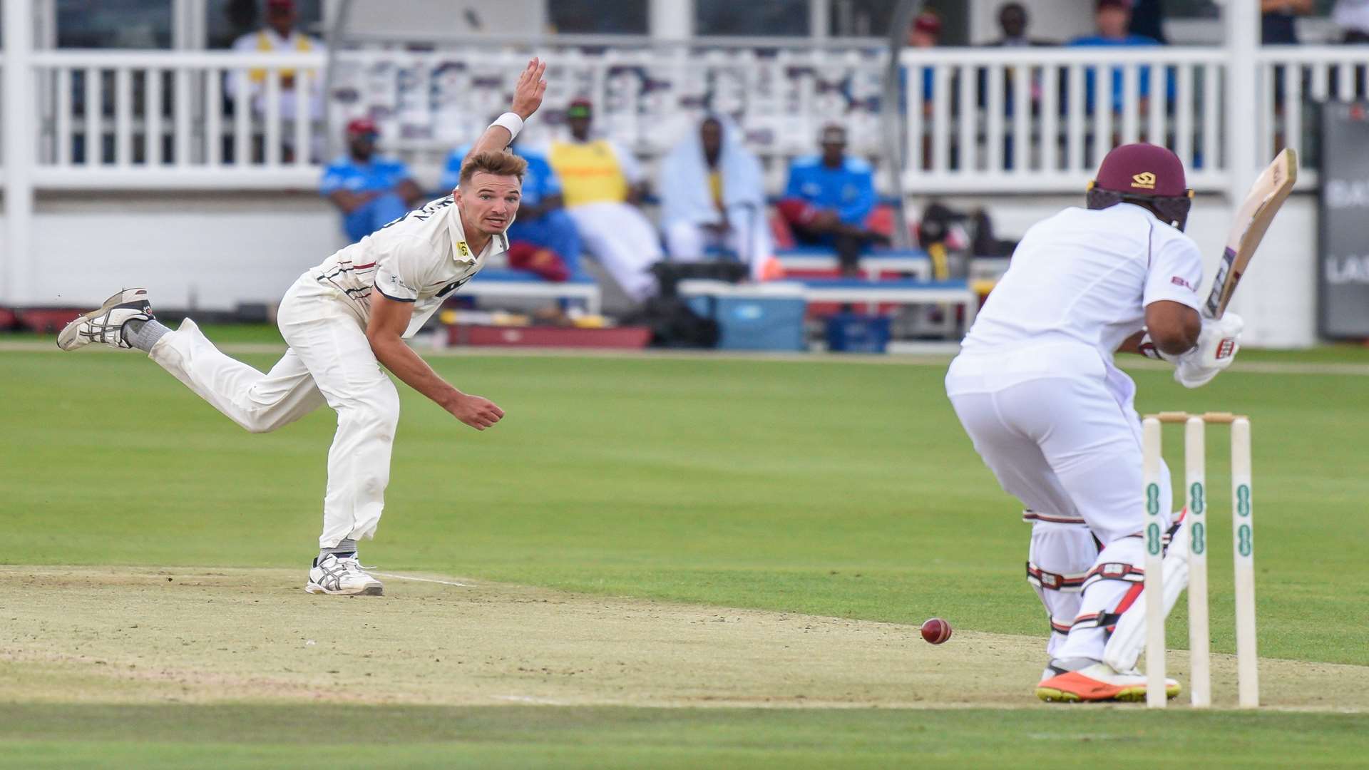 Charlie Hartley bowls to the West Indies' Shai Hope during Kent's three-day game against the tourists at The Spitfire Ground, St Lawrence Picture: Alan Langley