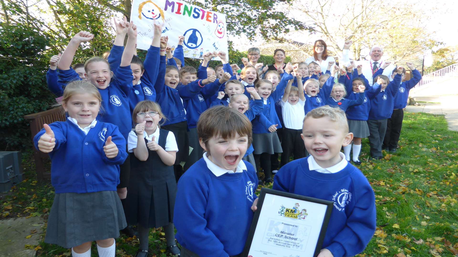 Pupils and volunteers from Minster CE Primary School, Thanet celebrate the 16th birthday of their walking bus.