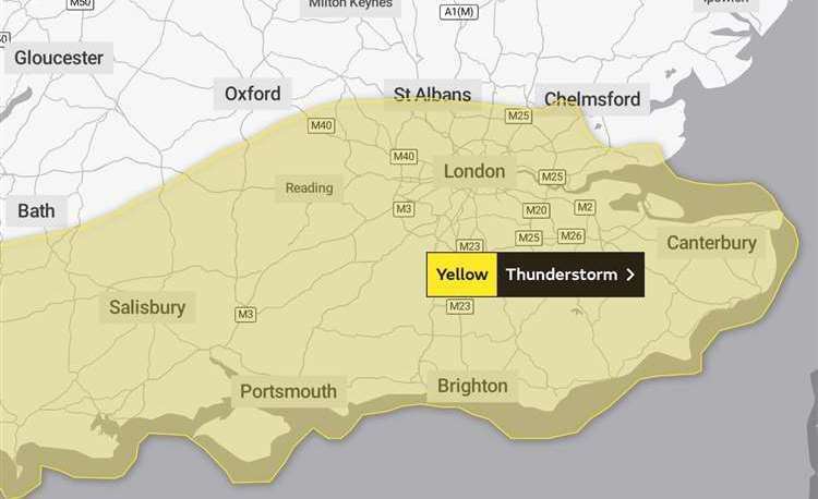 A yellow alert for thunderstorms has been issued for Kent and most of Southern England. Picture: Met Office