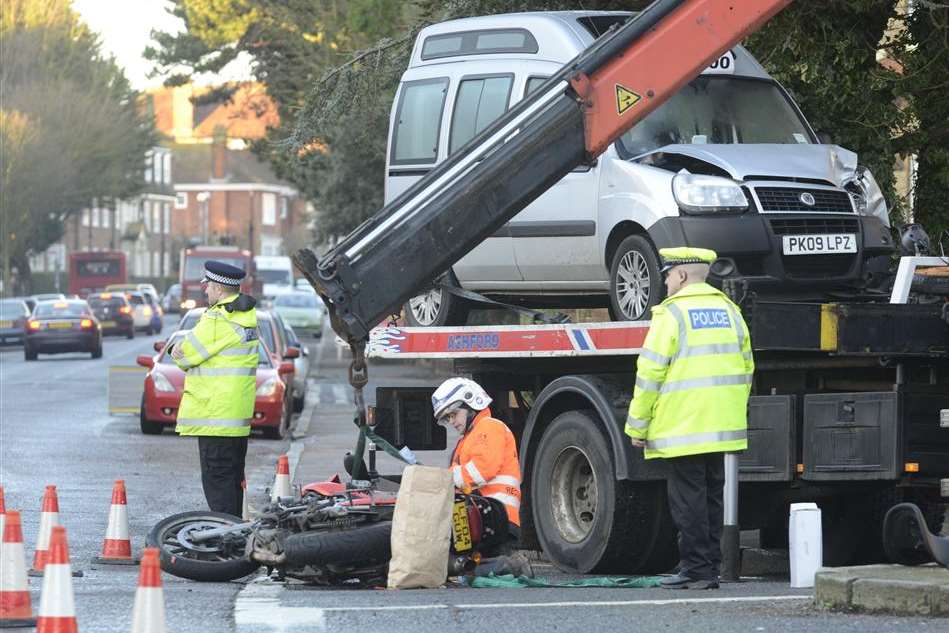 Crash investigators at the scene in Folkestone. Picture: Gary Browne