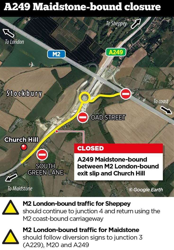 The A249 Maidstone-bound will close for five weeks between Stockbury roundabout and Church Hill