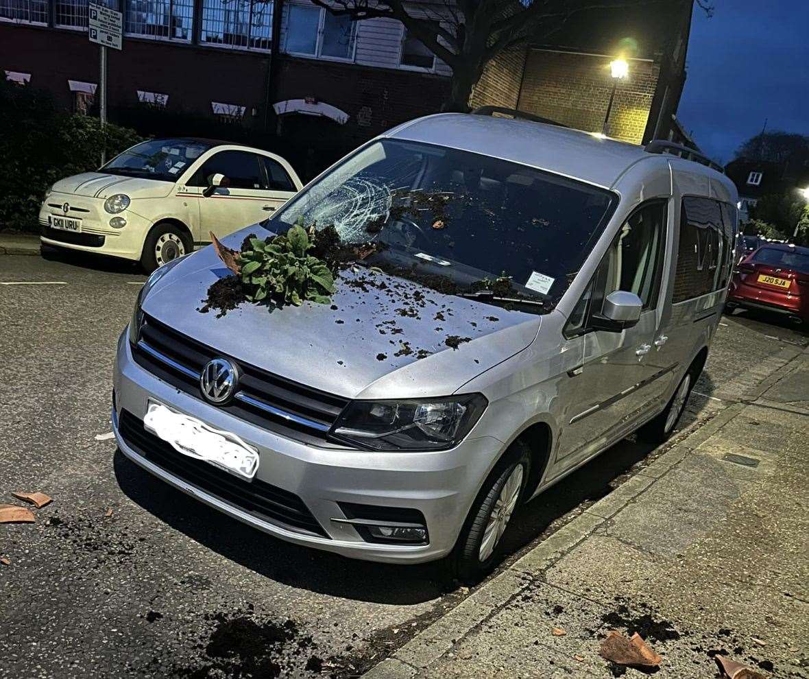 A car damaged by a flower pot in Abbey Street, Faversham. Picture: Danny Lindsey