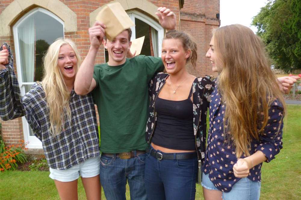 Cranbrook School pupils celebrate, from left: Jess Atkins, Jack Newell, Molly Moffatt and Catherine Snow