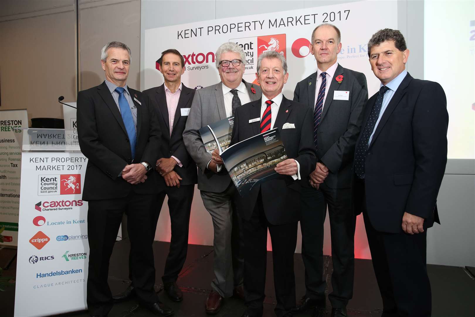 Launching the Kent Property Market Report 2017, from left, David Gurton and Mark Coxon of Caxtons, KCC's Cllr Mark Dance, Caxtons chairman Ron Roser, Ebbsfleet Development Corporation interim chief executive Ian Piper and Locate in Kent chief executive Paul Wookey