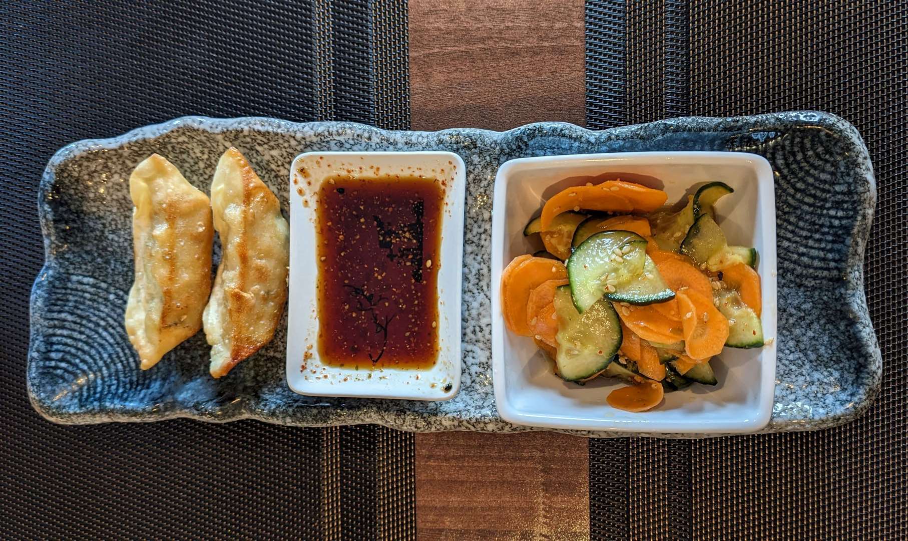 An appetiser of gyoza and pickled vegetables kicked things off