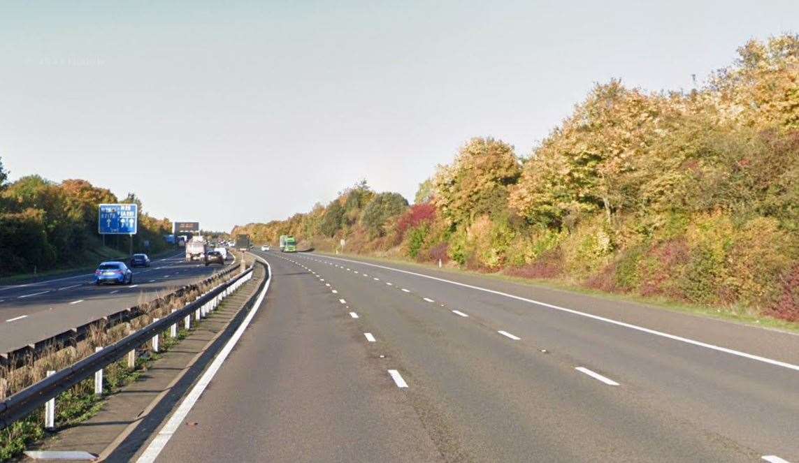 Two out of three lanes are blocked between Junction 2 of the M20 and Junction 1 in Swanley. Picture: Google Maps