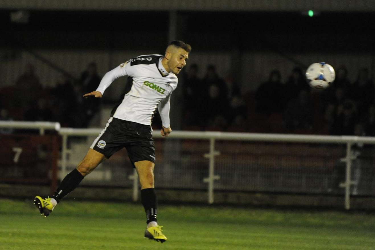 Nicky Deverdics heads home in the 1-0 FA Cup replay win against Eastbourne Borough last season