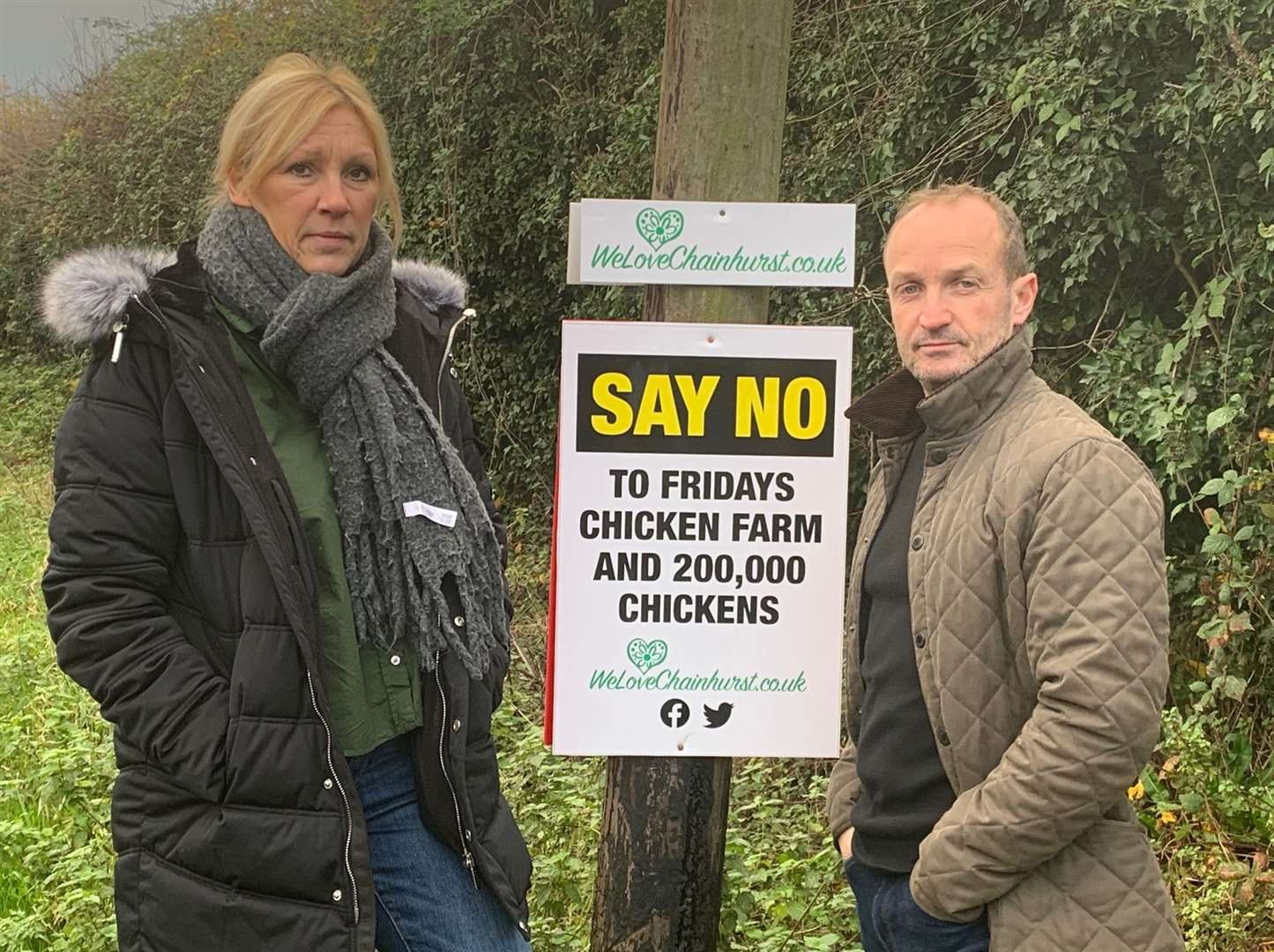 Adelle and Kevin Back at the site of the proposed chicken farm in Chainhurst which is prone to flooding