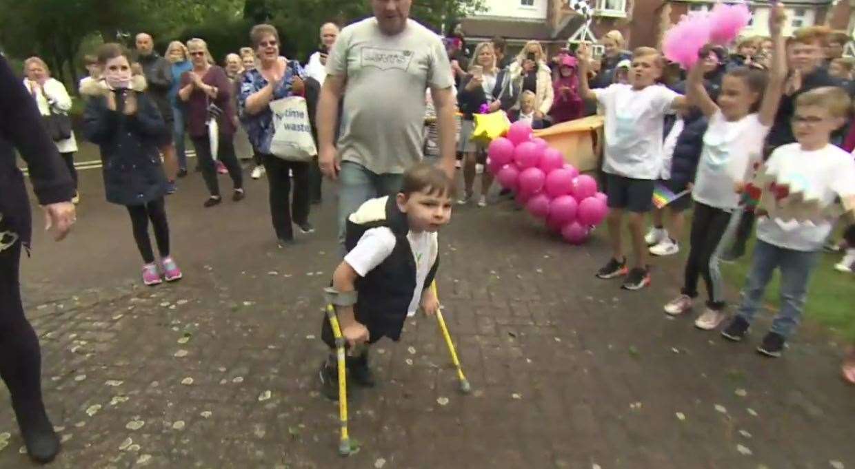 The moment Tony Hudgell completed his charity walk. Picture: Just Giving / YouTube
