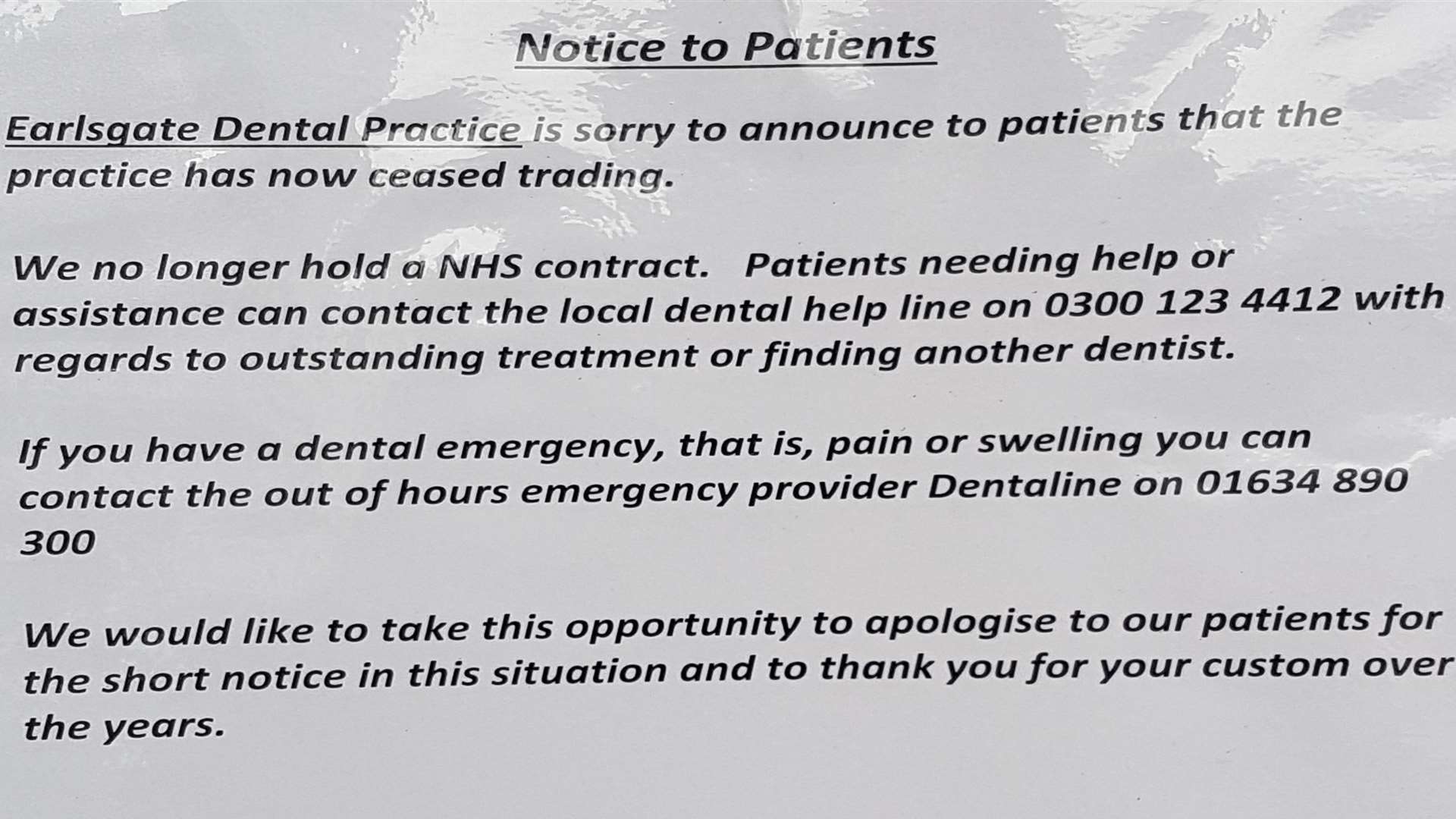 A notice left for patients
