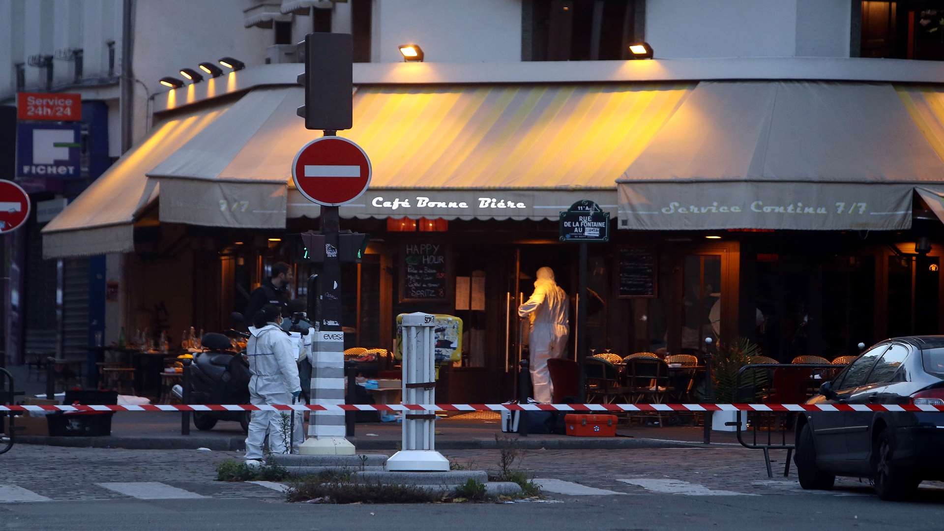 Police and forensic activity outside A la bonne biere bar, one of the venues for the attacks in the French capital. Picture: PA Wire/PA Images/Steve Parsons