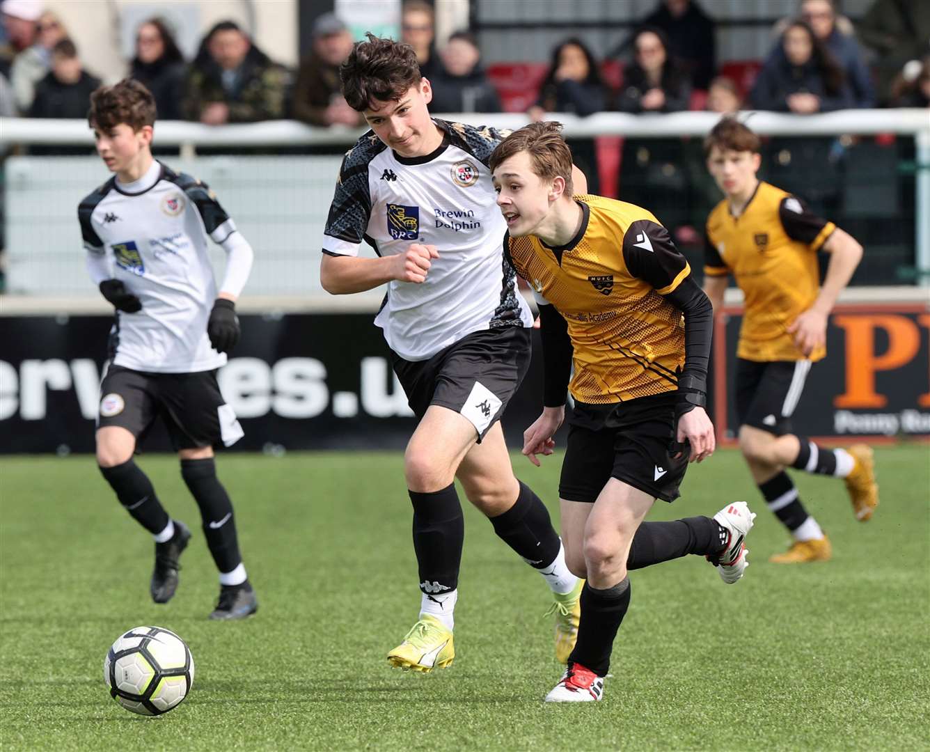 Action from the Kent Merit Under-14 Boys Cup Final between Maidstone United and Bromley (white). Picture: PSP Images