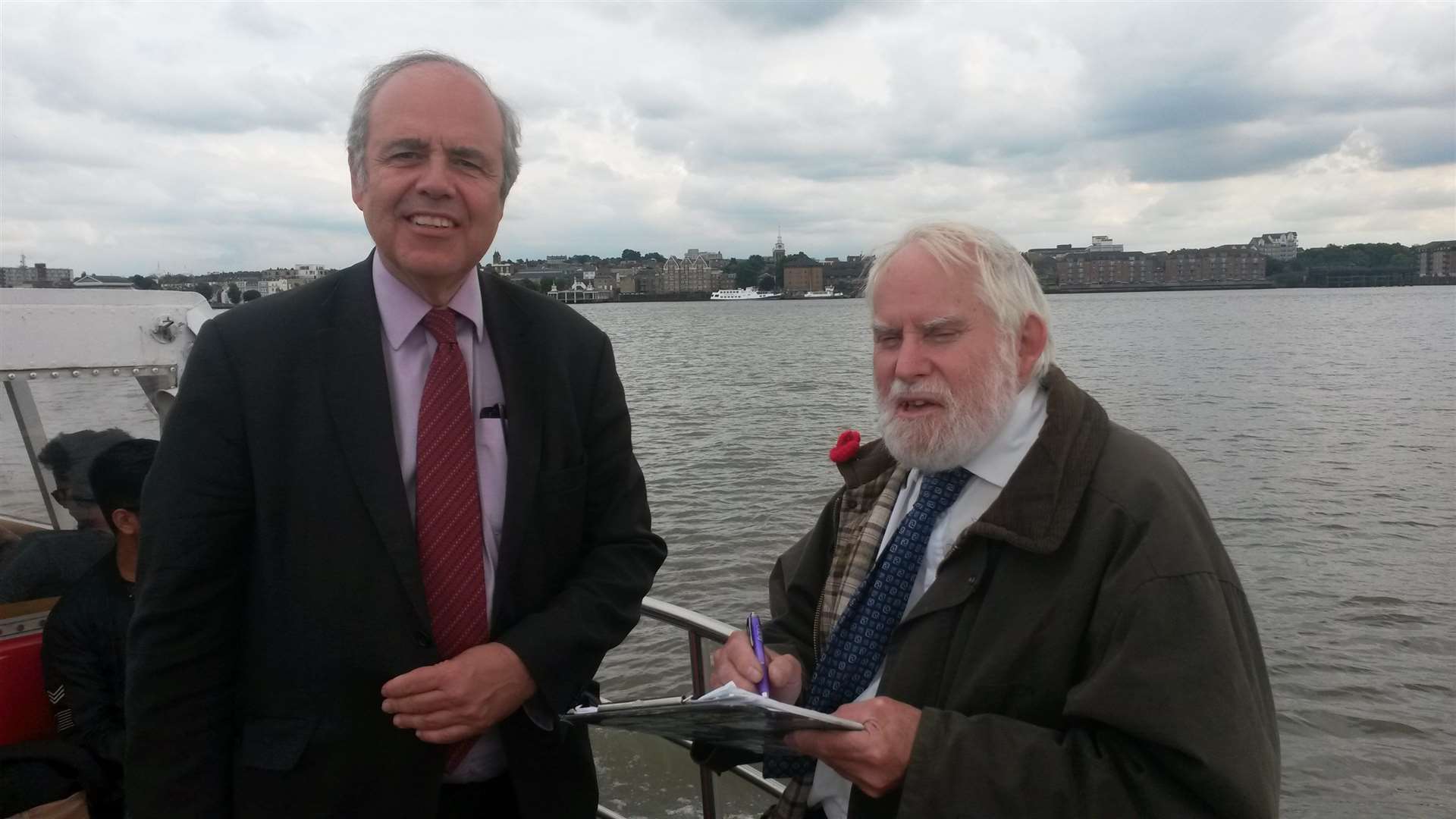 KenEx Thames Transit designer Gordon Pratt (left) with transport engineer Professor Lewis Lesley aboard the ferry from Tilbury to Gravesend