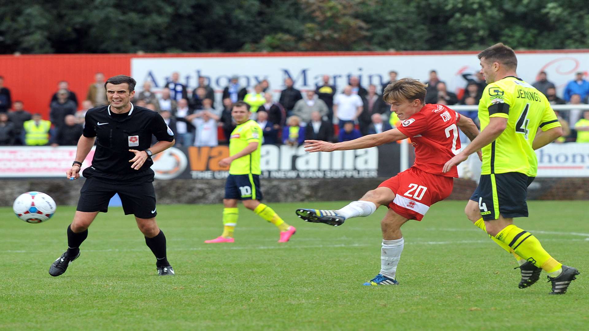 Welling's Sam Corne scores a thunderbolt against Tranmere. Picture: David Brown