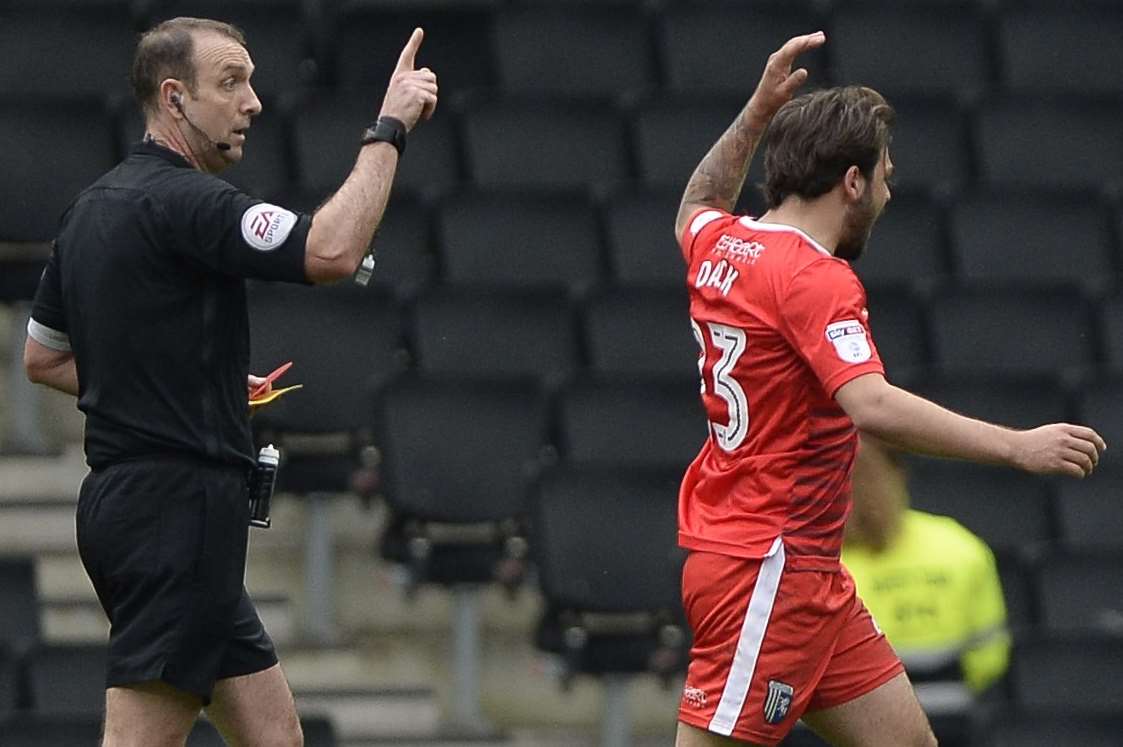 Bradley Dack sees red in injury time at MK Dons Picture: Ady Kerry