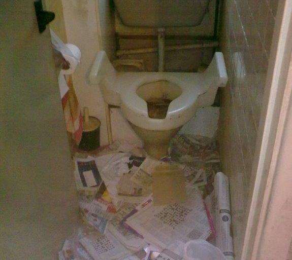 A toilet is littered with rubbish