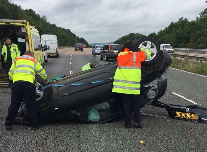 The overturned car on the M20. Picture: Kent Police Roads