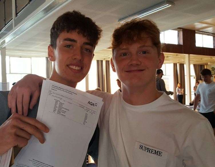Joel Whitcher and Joe Faiers celebrating their results at Simon Langton Boys'. (15594932)