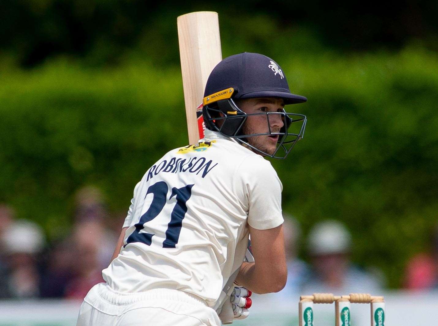 Ollie Robinson at the crease for Kent against Nottinghamshire at The Nevill Ground, Tunbridge Wells. Picture: Ady Kerry