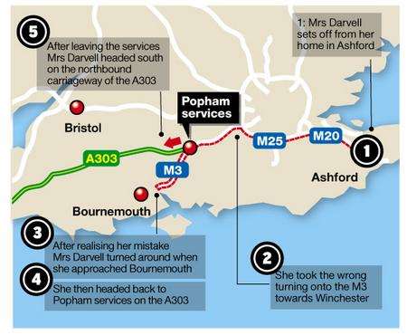 The route Maureen Darvell took on her mammoth motorway journey