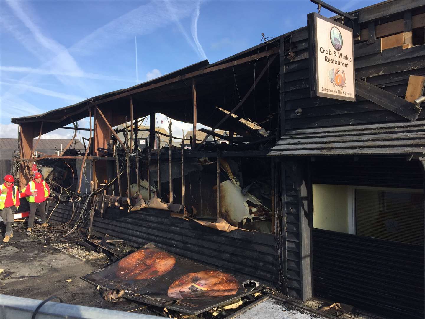 The aftermath of the fire at Whitstable Harbour in May 2022 which destroyed the Crab and Winkle restaurant