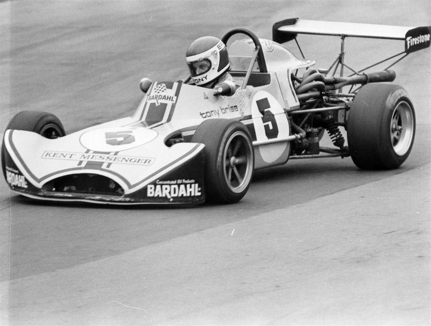 Brise at work in his March 733. He was an importer of Bardahl motor oil which explains the sponsorship on the front wing