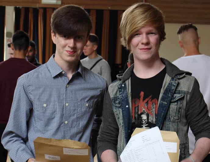 Meopham School pupils David Luchford and Ryan Brady with their GCSE exam results
