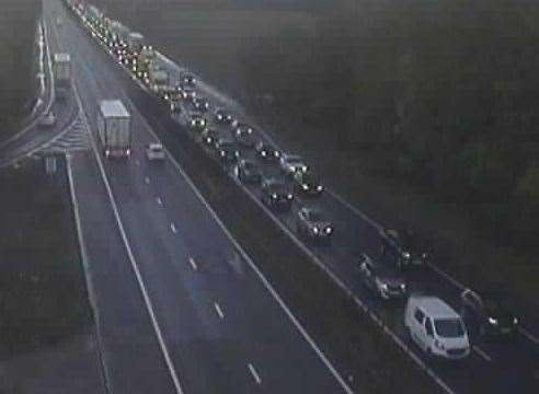 There is queueing traffic on the M2 due to flooding between the Stockbury Roundabout, Sittingbourne, to Hoath Way, Gillingham. Picture: National Highways