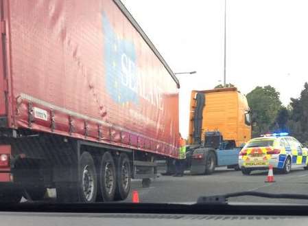 The lorry has become detached from its container Credit: Andrew Morris