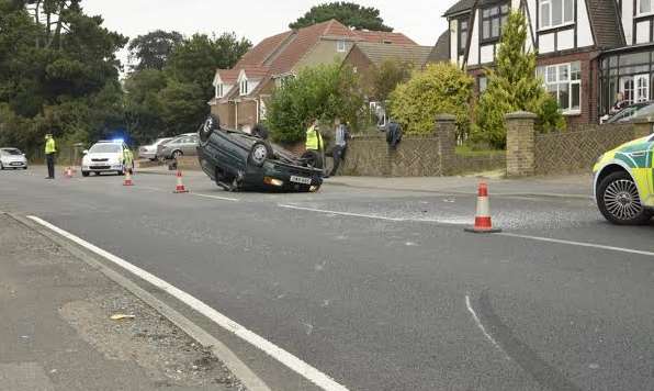 The car ended up on its roof following the crash. Picture: Mark Batcheldor