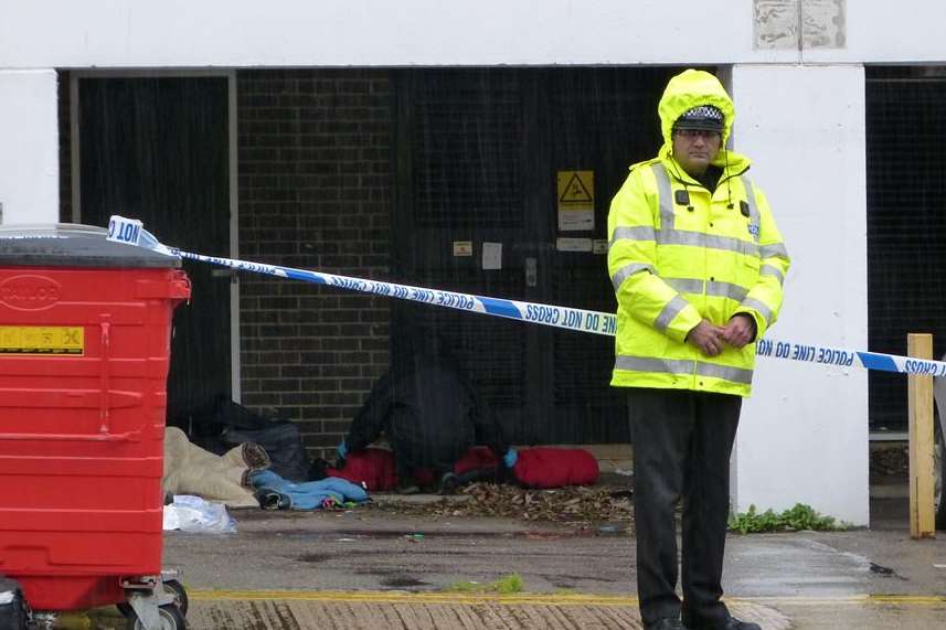 Police at the scene behind Europa House where Tim Clayton was found. Picture: @Kent_999s