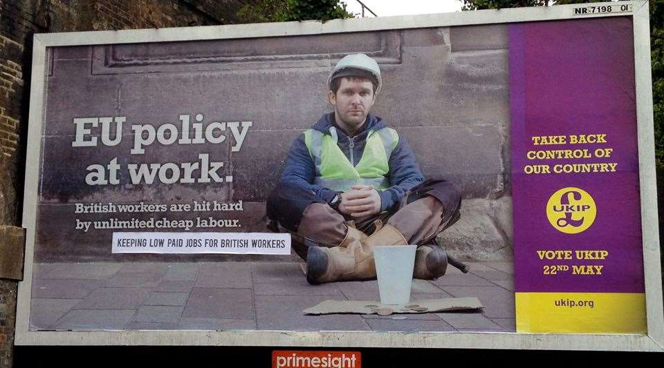 A defaced UKIP campaign poster in Folkestone. Picture: Kay Mcloughlin