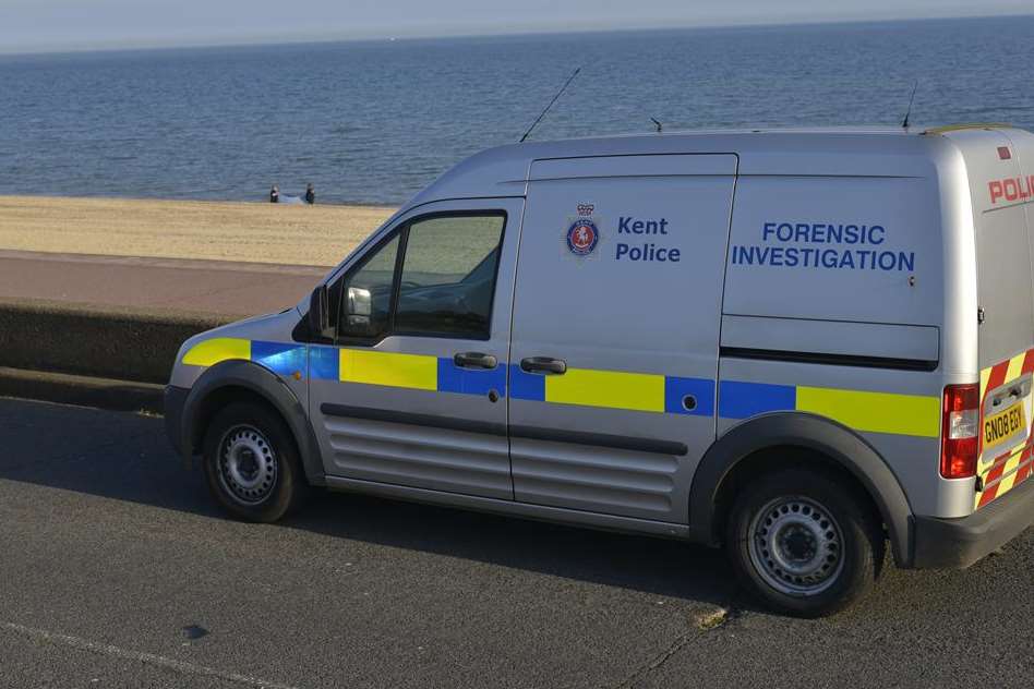 A forensics van at the scene on Hythe beach. Picture: Gary Browne