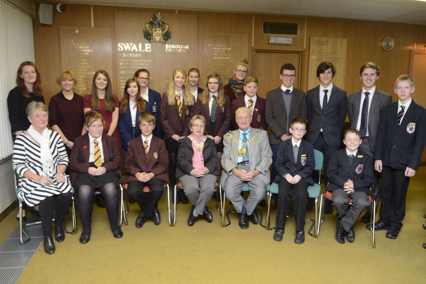 The Mayoress and Mayor (centre) Brenda and Cllr George Bobbin with delegates from various Swale Schools at the Swale Youth Forum