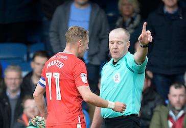 Gillingham's Lee Martin is sent off by referee Graham Salisbury against Southend Picture: Ady Kerry