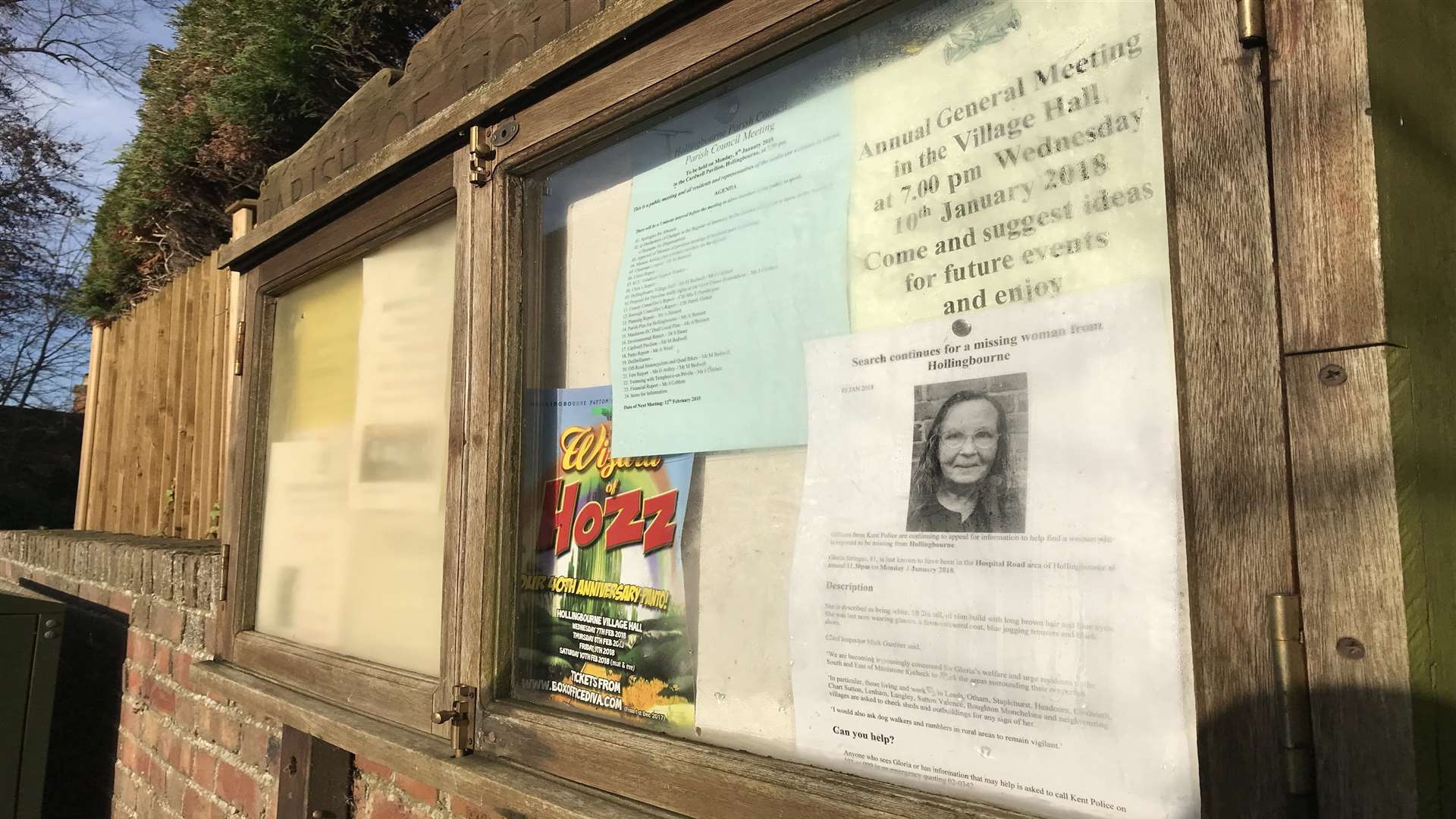 A poster on Hollingborne's noticeboard with an appeal for help to find Gloria Stringer