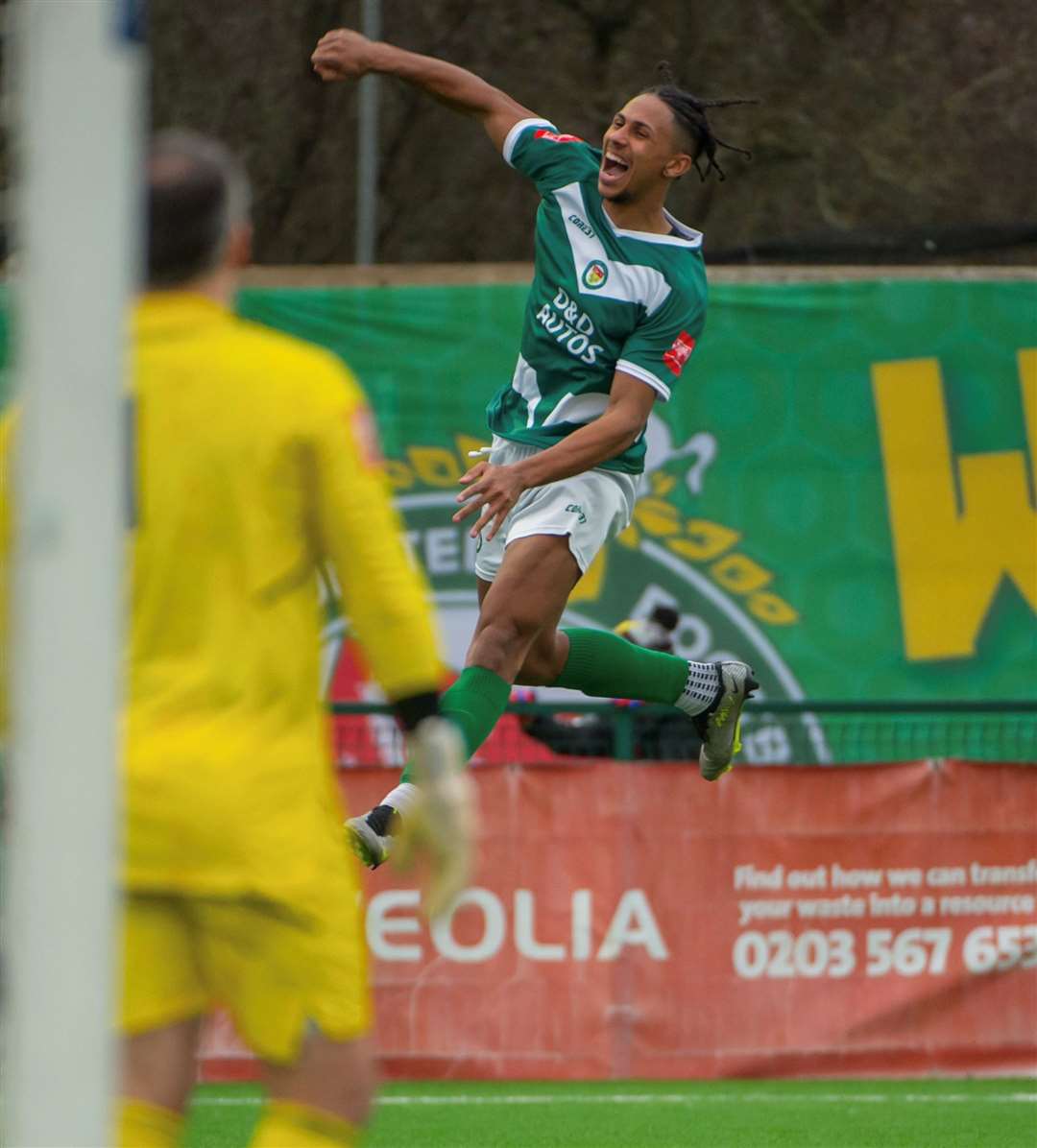 Jordan Ababio beams with delight after putting Ashford 2-1 ahead against Beckenham. He went on to score the winner in an action-packed performance Picture: Ian Scammell