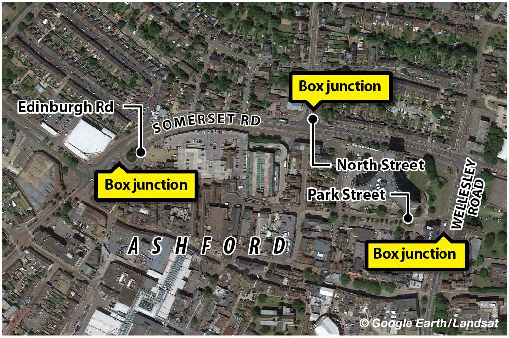 The box junction locations around Ashford town