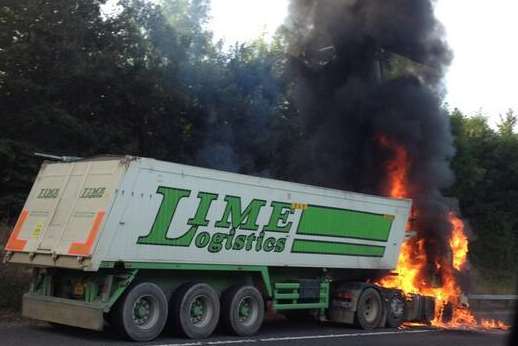Smoke billows into the sky from a blazing lorry. Picture: @Louise_Ivers