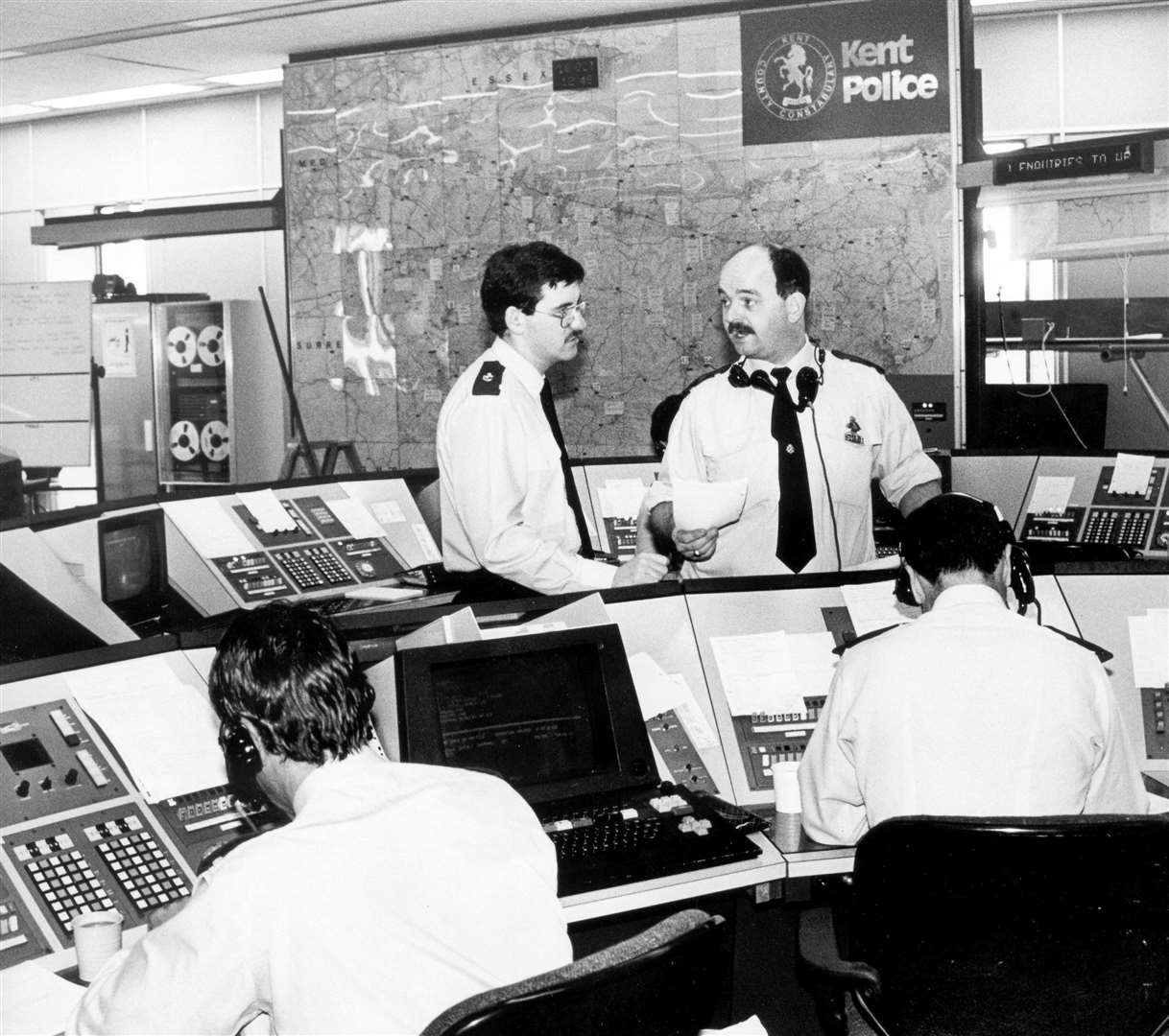 A photograph taken of the control room inside the Kent Police headquarters in 1987