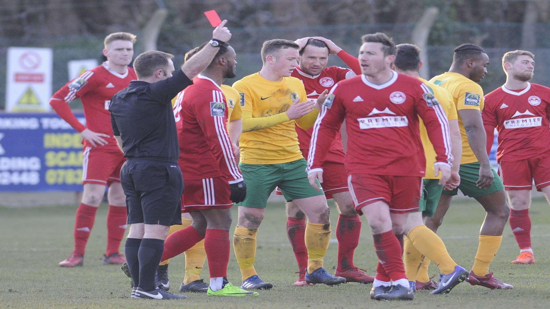 Hythe's Chris Kinnear is sent off against Horsham Picture: Gary Browne