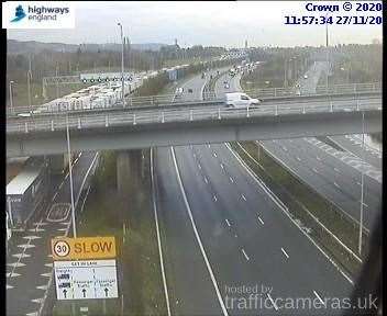 Lorries are again queuing on to the M20 at the Eurotunnel junction