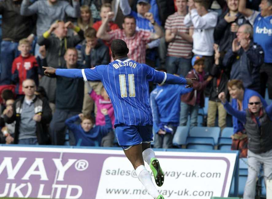 Myles Weston celebrates putting Gills 2-1 up Picture: Barry Goodwin