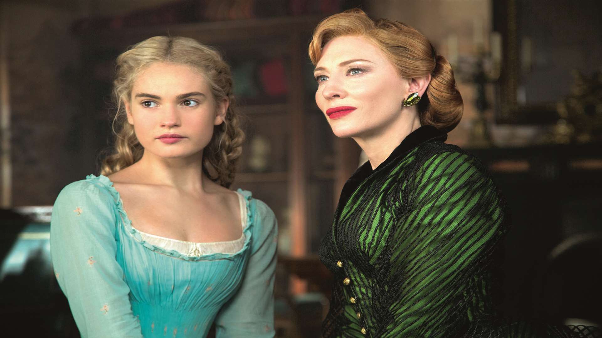 Lily James as Cinderella and Cate Blanchett as the Stepmother in Cinderella, which is on Christmas Day