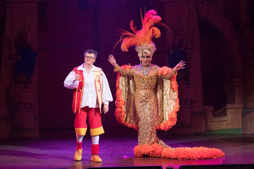 Joe Pasquale stars with his glamorous 'mum' Dame Dolly Diamond (Ceri Dupree) in Snow White and the Seven Dwarfs at Dartford's Orchard Theatre