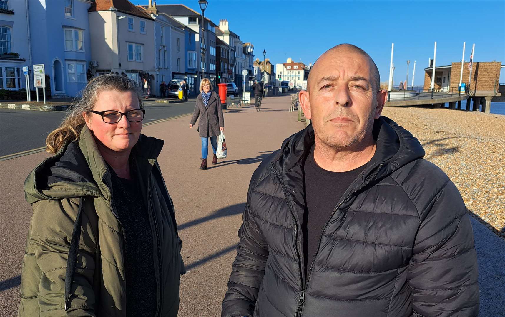 Pedestrians Niki Fuller and Andrew Bibby on the shared space on Deal seafront