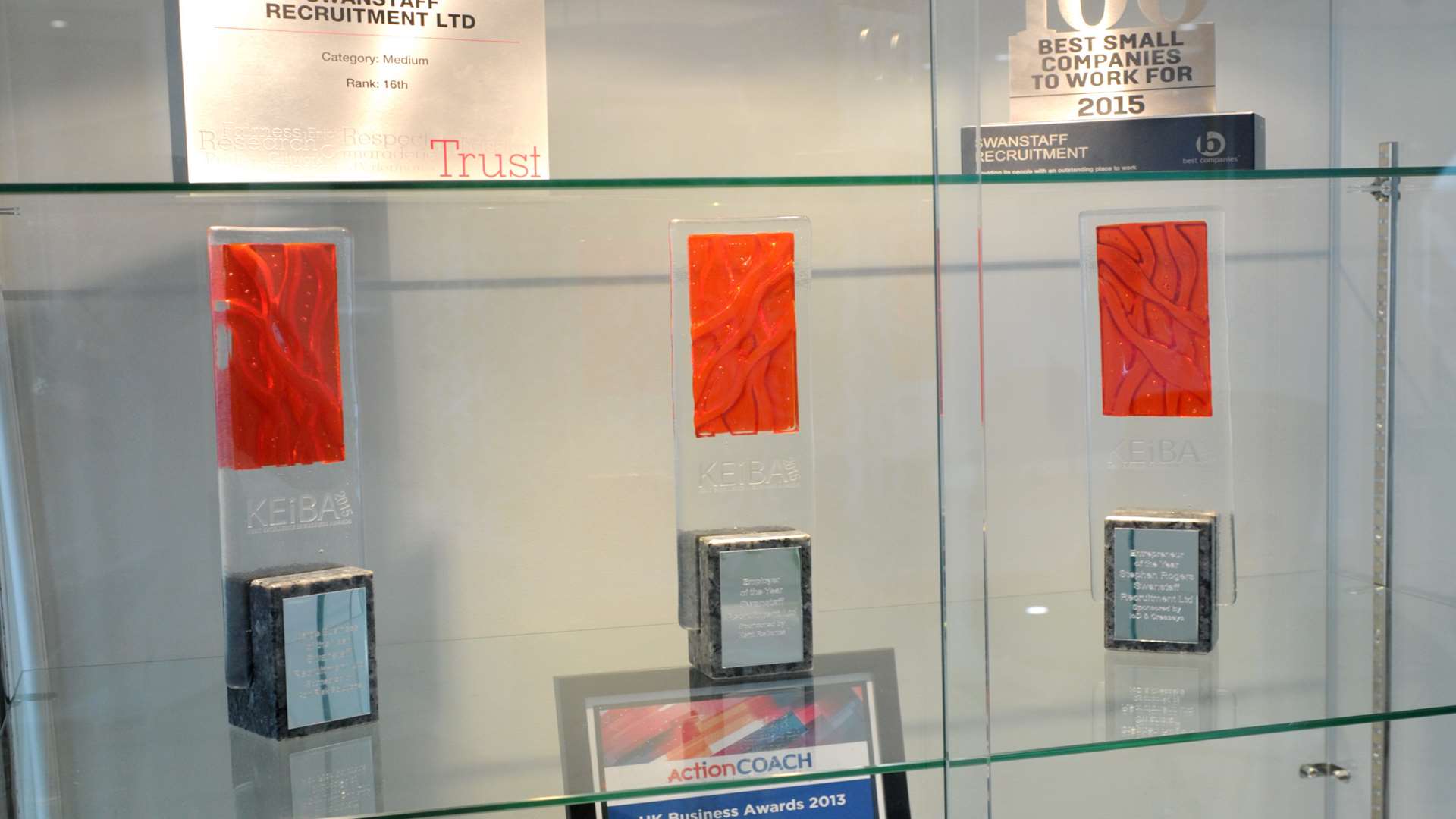 Swanstaff Recruitments three KEiBA trophies on display in the Dartford head office