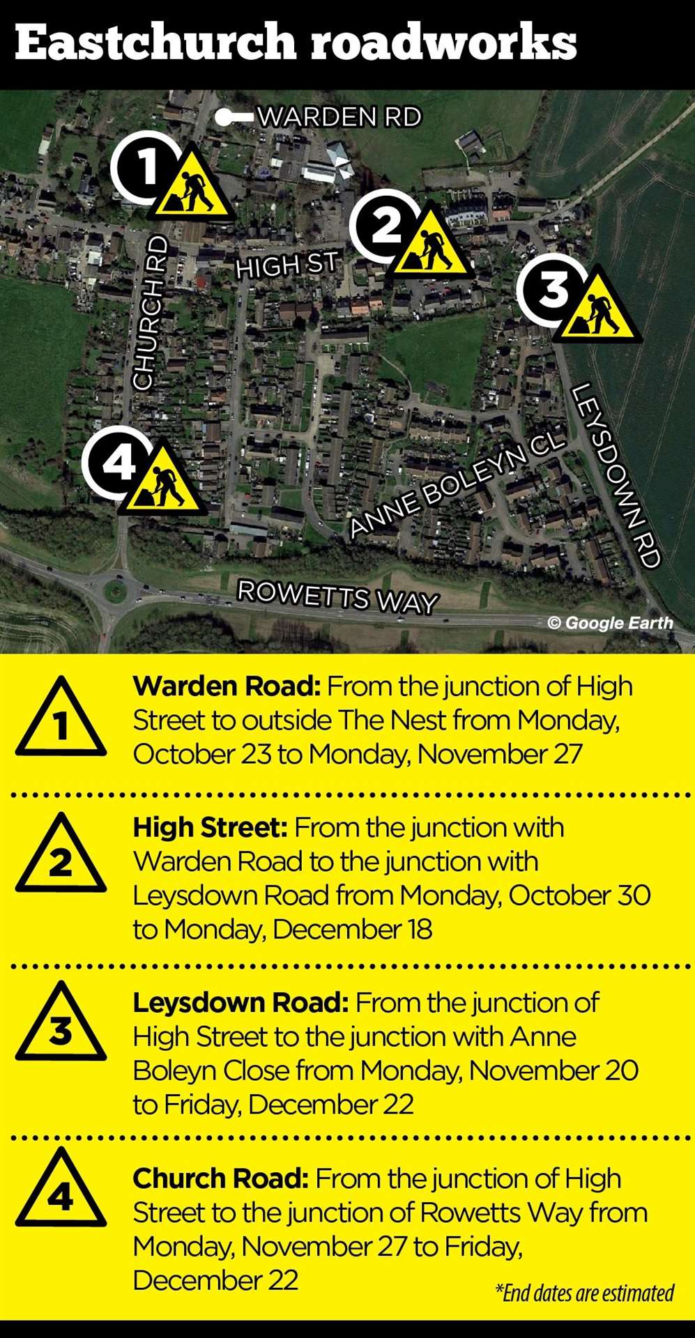 The Eastchurch road closures. Picture: KM Graphics