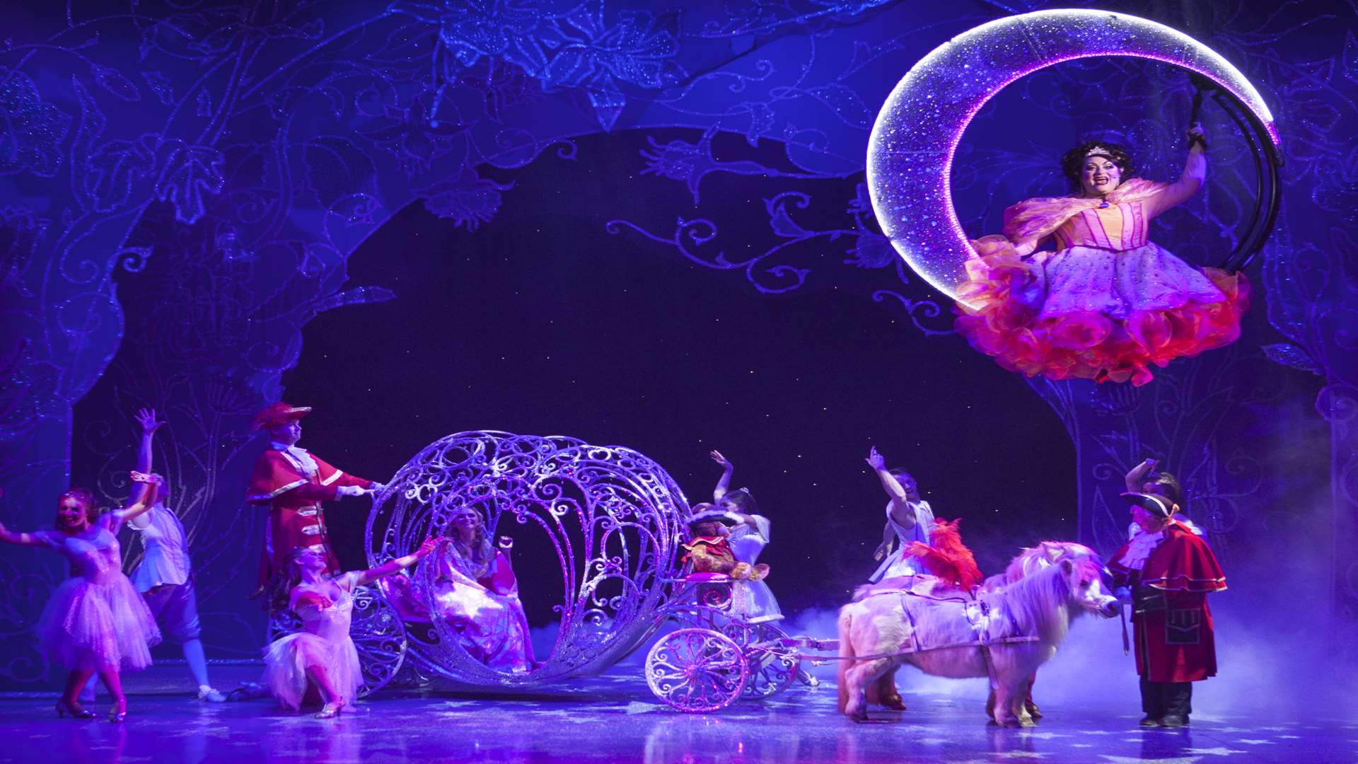 Shetland ponies make their way on stage, as part of Cinderella's carriage to the ball