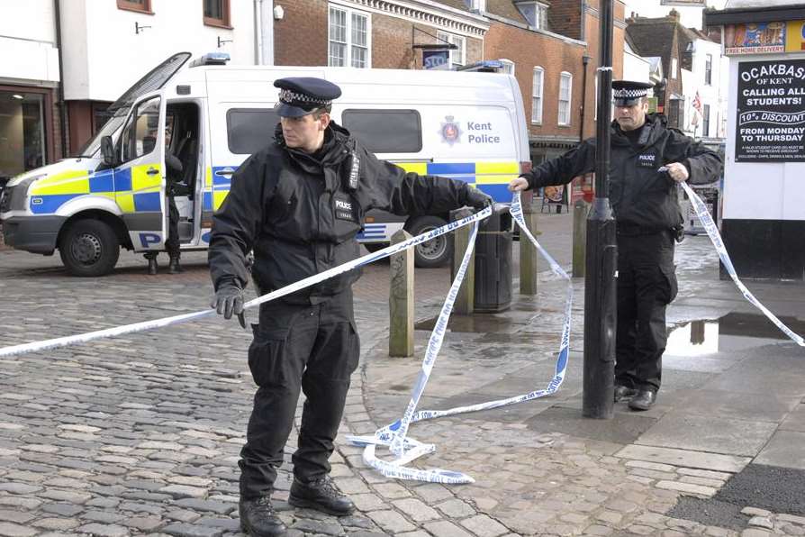 Police officers at the Canterbury city centre cordon. Picture: Chris Davey